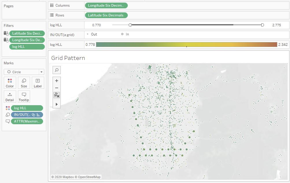 Tableau visualization of mobile device location observations colored by HyperLogLog accuracy score, April 2020